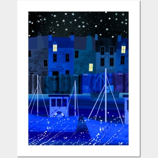 Fishing Town at Night Posters and Art